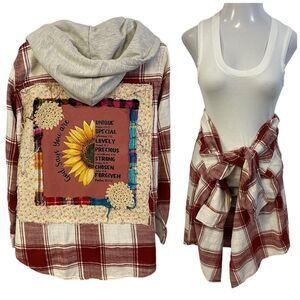 Christian Religious Flannel Shirt Womens 2X Shacket Upcycled Art Cottage Red